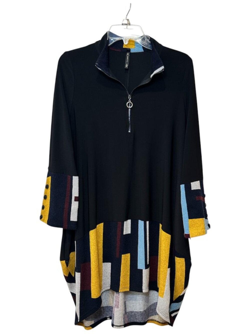 NWT IC by Connie K Dress Asymmetrical Hem Black Color Blocks Zip Neck Small